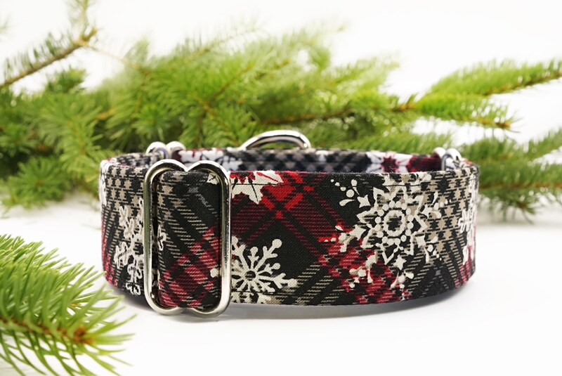 1.5" WIDE Christmas Martingale Collar | Winter Snowflakes Plaid Greyhound Martingale | Winter Plaid Greyhound Martingale